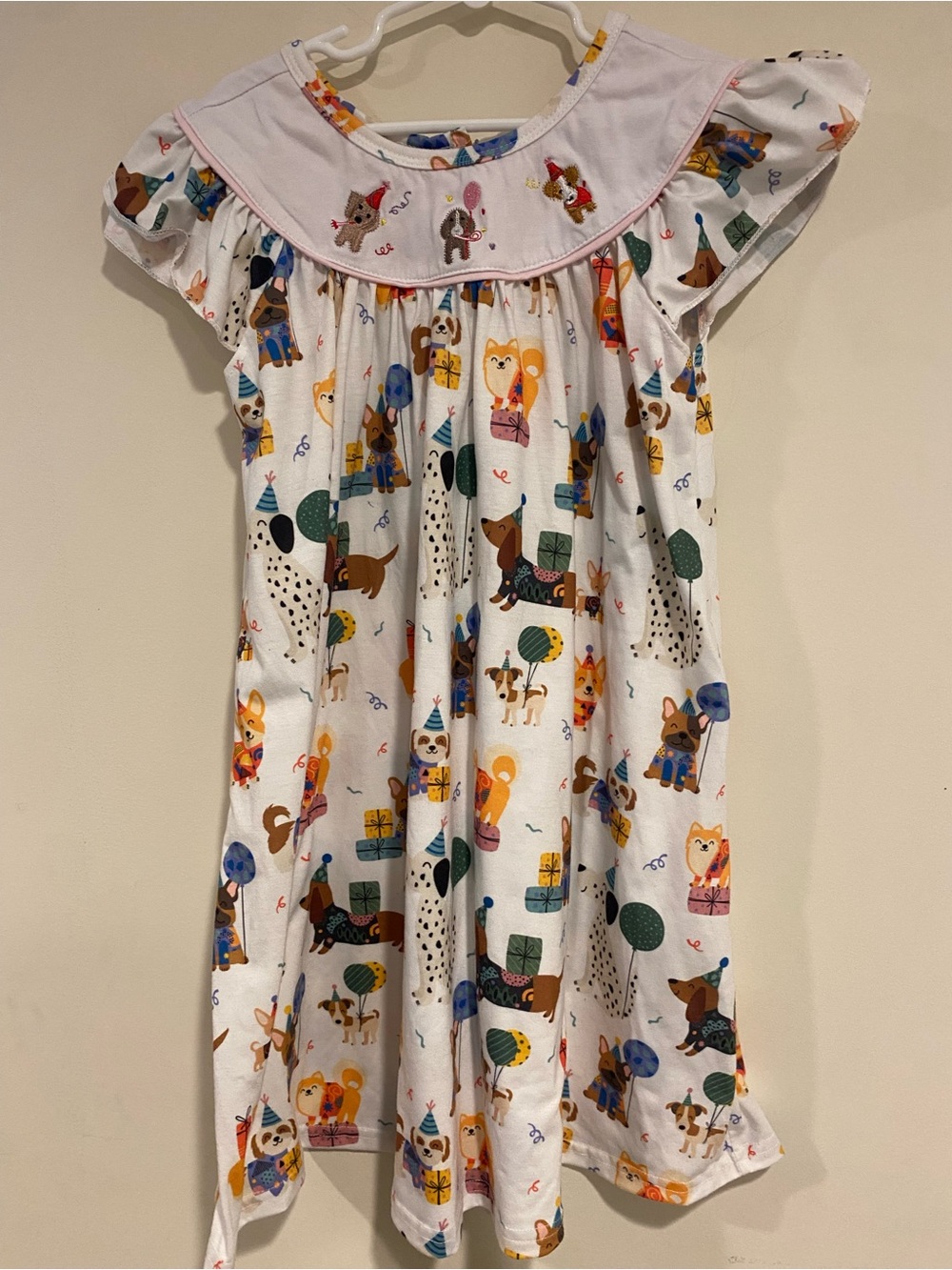 Girls White Dog Print Nightgown with Pink Yoke